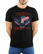 United States Semiquincentennial 1776 American Flag Tshirt - model wearing black tee with hands behind back