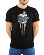 Funny Living Luggage Chest Cute Face Long Legs Graphic Tee - model wearing black tee with hands behind back