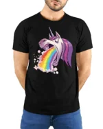 Crazy Vomiting Rainbow Unicorn Magical Fantasy Graphic Tee - model wearing black tee with hands behind back