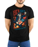 Amusing Freedom’s On Fire George Washington Patriotic T shirt - model wearing black tee with hands behind back