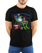 Sarcastic Just Chill The 4th Out Frog Beach Chair Tshirt - model wearing black tee with hands behind back