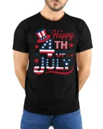 Festive Fourth Of July Uncle Sam Top Hat Holiday Graphic Tee - model wearing black tee with hands behind back