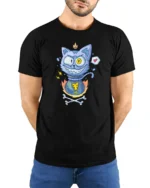 Mischievous Cat Potion Bottle Magic Crown Graphic Tshirt - model wearing black tee with hands behind back