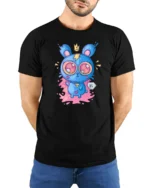 Adorable Electric Monster Crown Pink Splat Graphic Tshirt - model wearing black tee with hands behind back