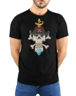 Skeleton Pirate Captain Skull Crossbones Diamond Graphic Tee - model wearing black tee with hands behind back