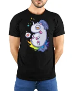 Chubby Tired Rainbow Unicorn Sarcastic Fantasy Graphic Tee - model wearing black tee with hands behind back