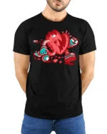 Animate Broken Heart Cartoon Character Street Graphic Tee - model wearing black tee with hands behind back