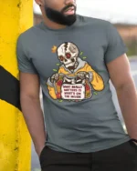 Funny Skeleton Yellow Hoodie Whats On The Inside Tshirt - model wearing grey tee, leaning on column
