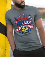 Festive Patriotic 4th Of July Est 1776 250 Years Graphic Tee - model wearing grey tee, leaning on column