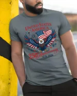 United States Semiquincentennial 1776 American Flag Tshirt - model wearing grey tee, leaning on column