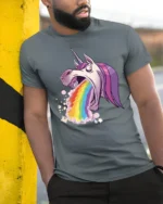 Crazy Vomiting Rainbow Unicorn Magical Fantasy Graphic Tee - model wearing grey tee, leaning on column