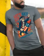 Amusing Freedom’s On Fire George Washington Patriotic T shirt - model wearing grey tee, leaning on column