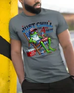 Sarcastic Just Chill The 4th Out Frog Beach Chair Tshirt - model wearing grey tee, leaning on column