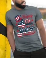 Festive Fourth Of July Uncle Sam Top Hat Holiday Graphic Tee - model wearing grey tee, leaning on column