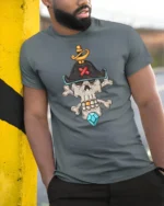 Skeleton Pirate Captain Skull Crossbones Diamond Graphic Tee - model wearing grey tee, leaning on column