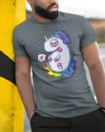 Chubby Tired Rainbow Unicorn Sarcastic Fantasy Graphic Tee - model wearing grey tee, leaning on column