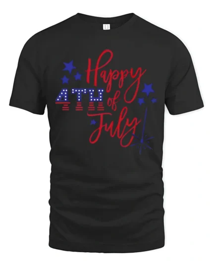 Festive Happy 4th Of July Script Font Sparkler Graphic Tee - black t-shirt on white background