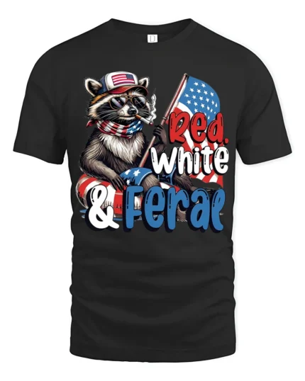 Sarcastic Red White And Feral Raccoon Patriotic Graphic Tee - black t-shirt on white background