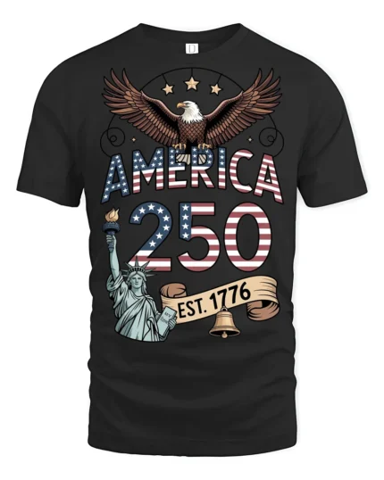 Patriotic Eagle USA 250 Years Est 1776 Graphic Tee - black t-shirt on white background