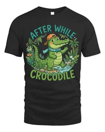 Friendly Tropical Crocodile After While Cartoon Graphic Tee - black t-shirt on white background