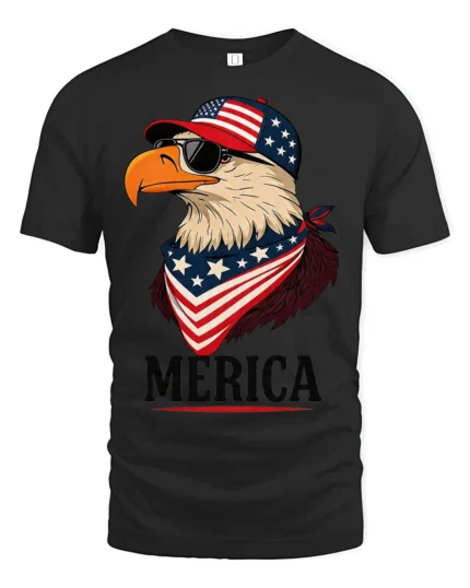 Patriotic Aviator Bald Eagle Merica USA Flag Graphic Tee - black t-shirt on white background