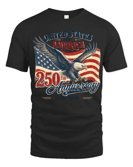 Patriotic Bald Eagle United States 250th Anniversary Tee - black t-shirt on white background