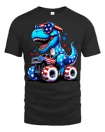 Patriotic Dinosaur Riding Monster Truck 4th Of July Tee - black t-shirt on white background