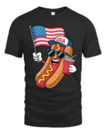 Festive USA Hot Dog American Flag Patriotic Graphic Tee - black t-shirt on white background