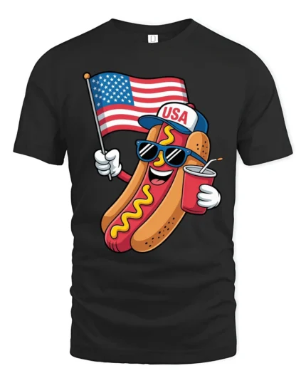 Festive USA Hot Dog American Flag Patriotic Graphic Tee - black t-shirt on white background