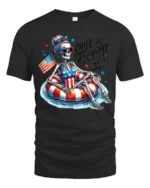 Chill Fourth Out Skeleton Pool Float Patriotic Graphic Tee - black t-shirt on white background