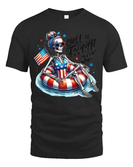Chill Fourth Out Skeleton Pool Float Patriotic Graphic Tee - black t-shirt on white background