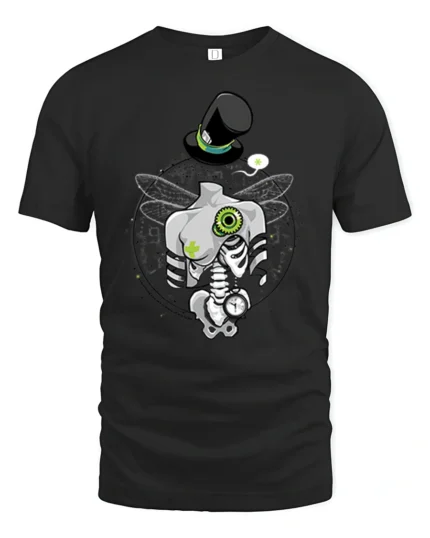 Steampunk Dragonfly Skeleton Top Hat Pocket Watch Tshirt - black t-shirt on white background