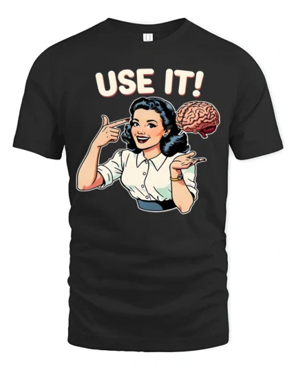 Retro Pop Art Use It Mind Intelligent Thinker Graphic Tee - black t-shirt on white background
