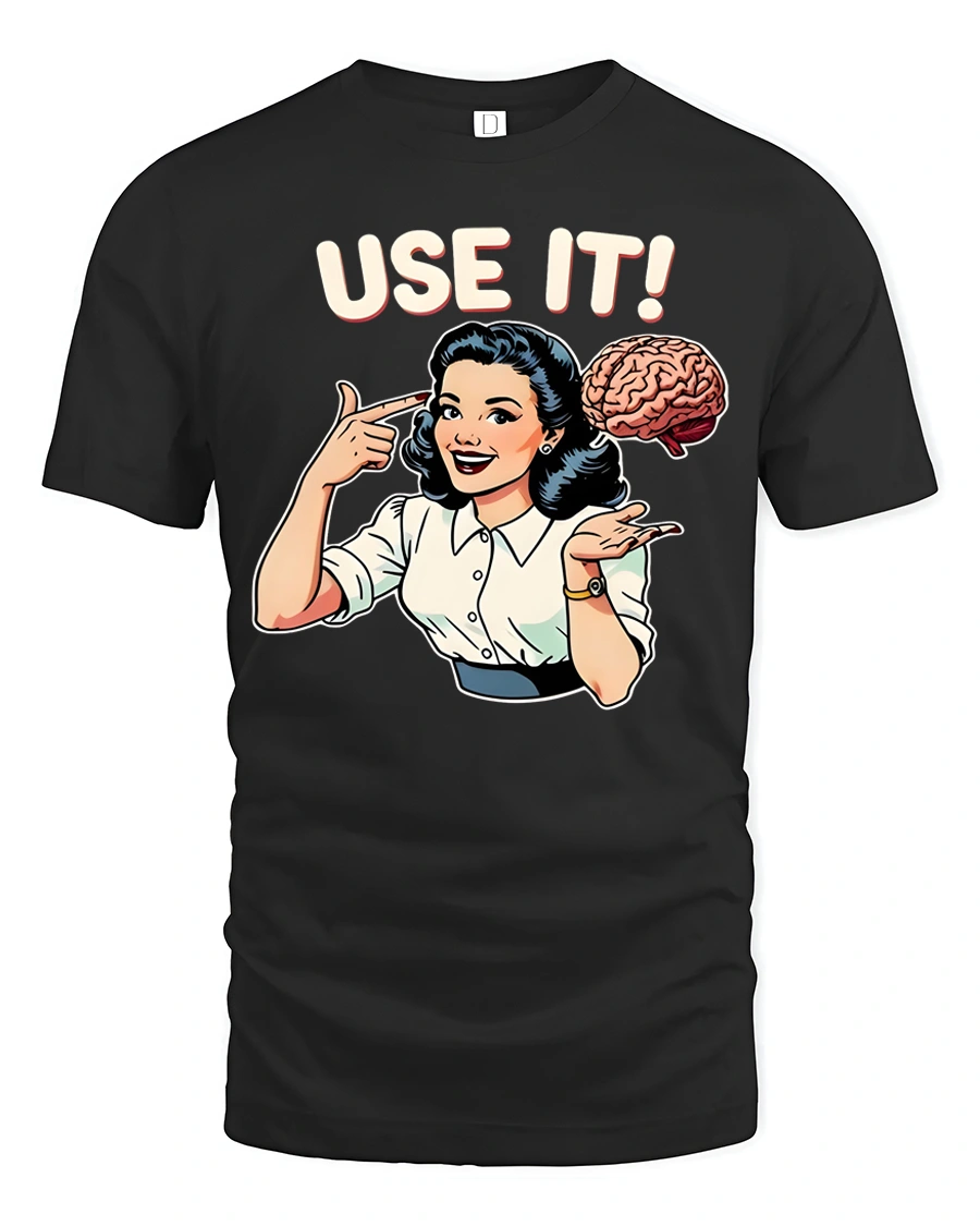 Retro Pop Art Use It Mind Intelligent Thinker Graphic Tee - 1 Retro Pop Art Use It Mind Intelligent Thinker Graphic Tee - black t-shirt on white background