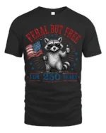 Feral But Free Raccoon American Flag Patriotic Tshirt - black t-shirt on white background