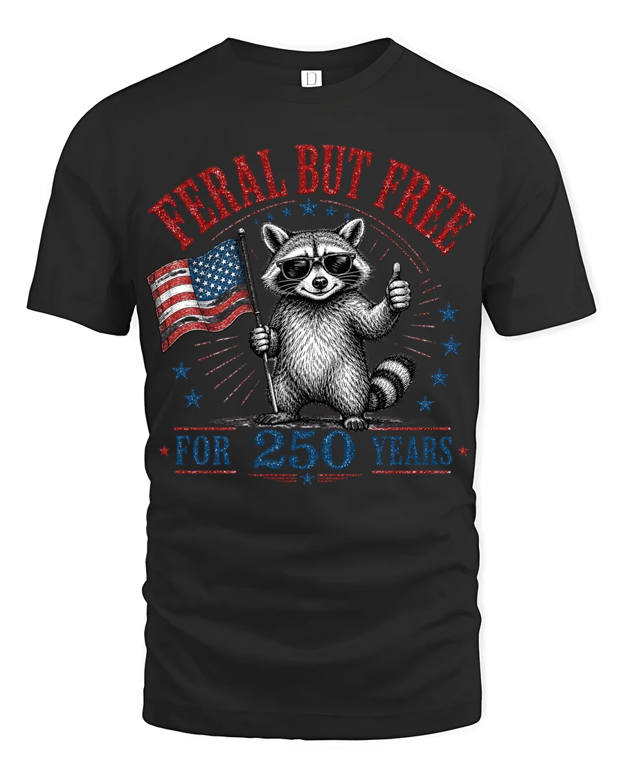 Feral But Free Raccoon American Flag Patriotic Tshirt - 1 Feral But Free Raccoon American Flag Patriotic Tshirt - black t-shirt on white background