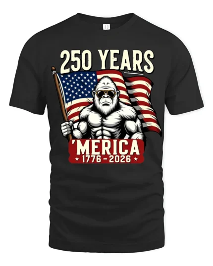 Patriotic Gorilla American Flag 250 Years ‘Merica Tshirt - black t-shirt on white background