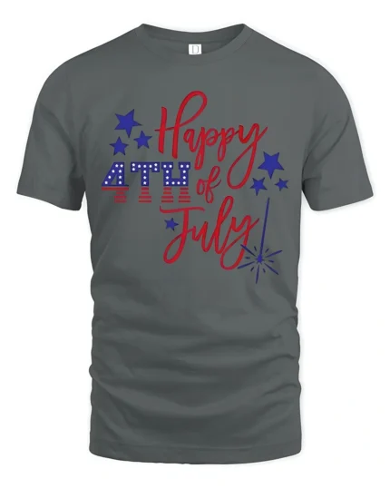 Festive Happy 4th Of July Script Font Sparkler Graphic Tee - gray t-shirt on white background