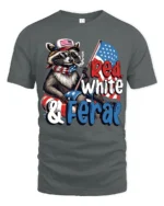Sarcastic Red White And Feral Raccoon Patriotic Graphic Tee - gray t-shirt on white background