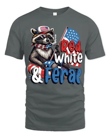 Sarcastic Red White And Feral Raccoon Patriotic Graphic Tee - gray t-shirt on white background