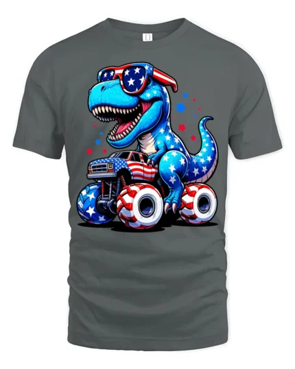 Patriotic Dinosaur Riding Monster Truck 4th Of July Tee - gray t-shirt on white background