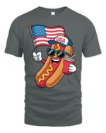 Festive USA Hot Dog American Flag Patriotic Graphic Tee - gray t-shirt on white background