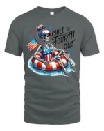 Chill Fourth Out Skeleton Pool Float Patriotic Graphic Tee - gray t-shirt on white background