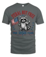 Feral But Free Raccoon American Flag Patriotic Tshirt - gray t-shirt on white background