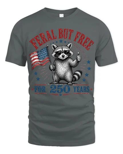 Feral But Free Raccoon American Flag Patriotic Tshirt - gray t-shirt on white background