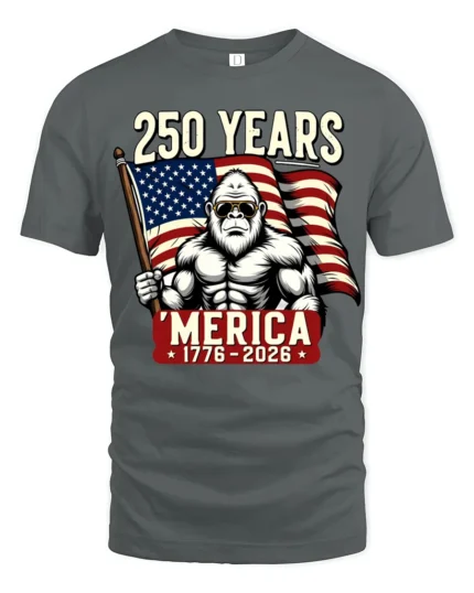 Patriotic Gorilla American Flag 250 Years ‘Merica Tshirt - gray t-shirt on white background