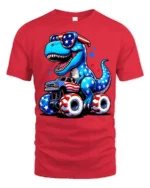 Patriotic Dinosaur Riding Monster Truck 4th Of July Tee - red t-shirt on white background