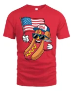 Festive USA Hot Dog American Flag Patriotic Graphic Tee - red t-shirt on white background