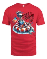 Chill Fourth Out Skeleton Pool Float Patriotic Graphic Tee - red t-shirt on white background