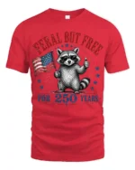 Feral But Free Raccoon American Flag Patriotic Tshirt - red t-shirt on white background